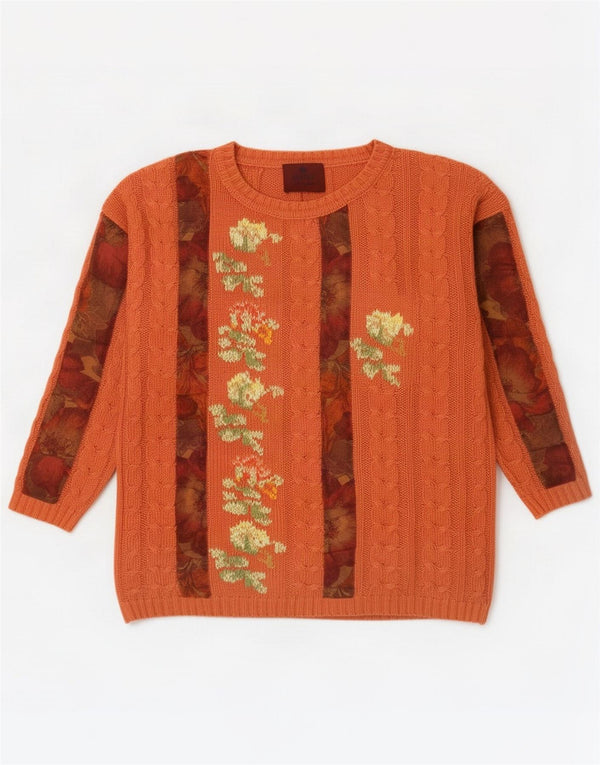 Suéter feminino vintage com gola canoa Reino Unido 14 algodão floral laranja médio