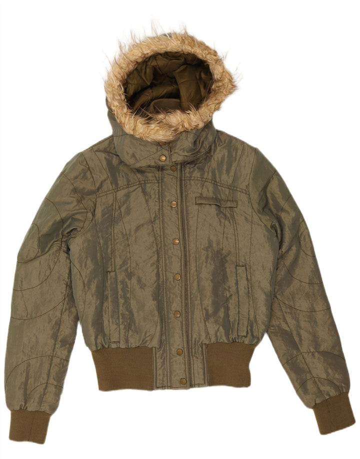 Jaqueta feminina acolchoada com capuz Calliope Reino Unido 16 grande nylon cáqui