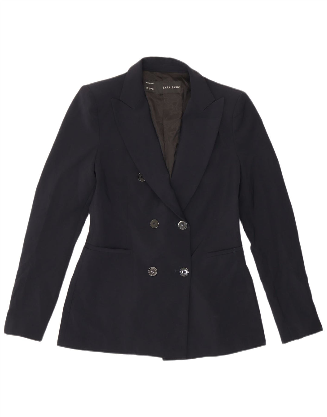 Jaqueta blazer feminina Zara com peito duplo Reino Unido 12 poliéster azul marinho médio