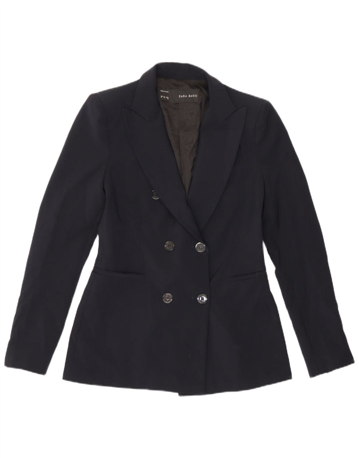 Jaqueta blazer feminina Zara com peito duplo Reino Unido 12 poliéster azul marinho médio