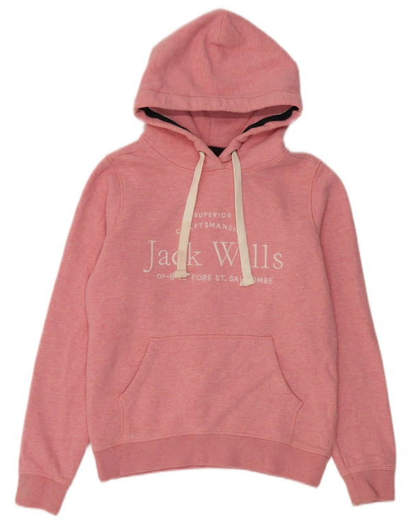 Suéter feminino com capuz gráfico Jack Wills Reino Unido 8 pequeno algodão manchado rosa