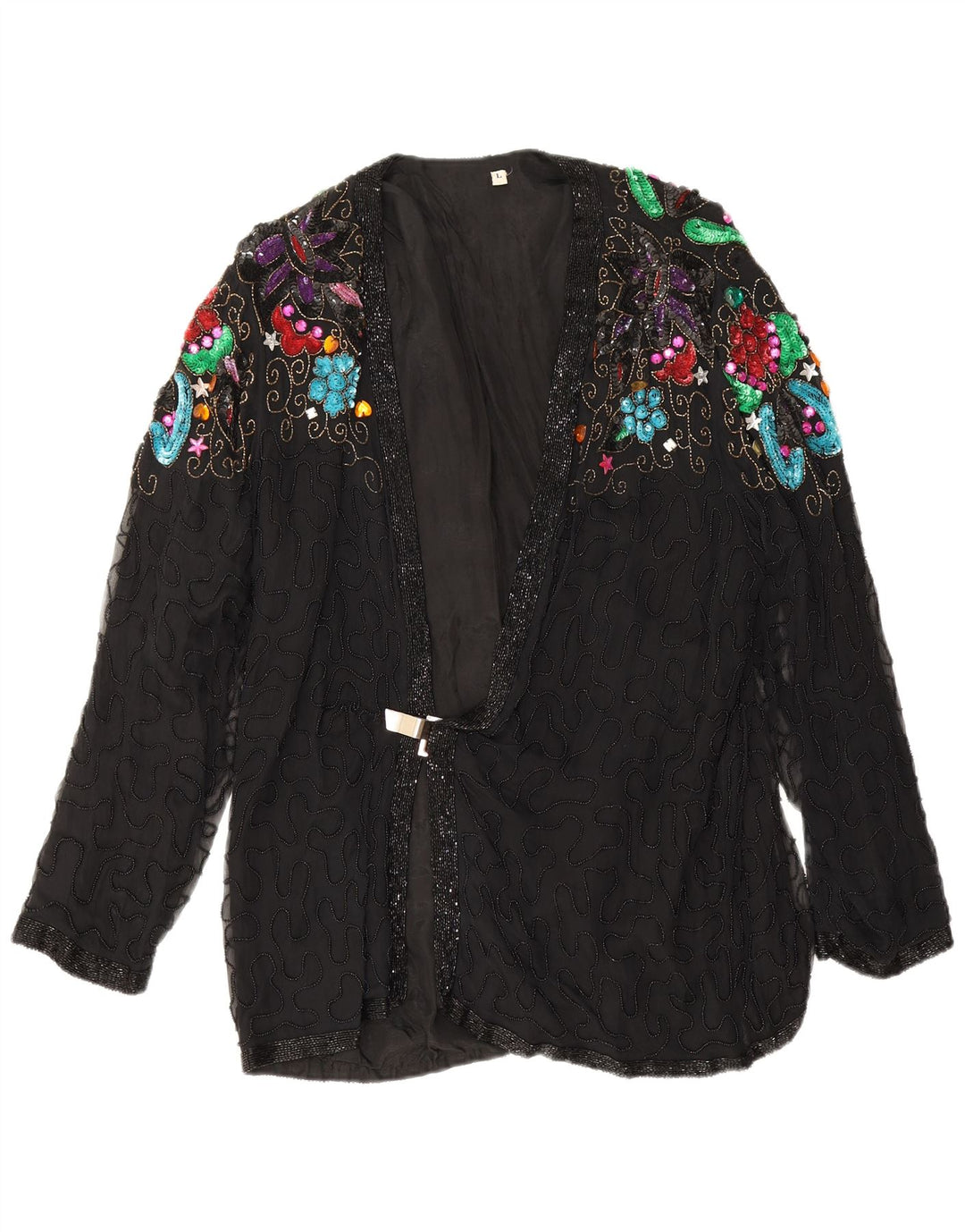 Blazer de noite feminino vintage Reino Unido 16 grande seda floral preta