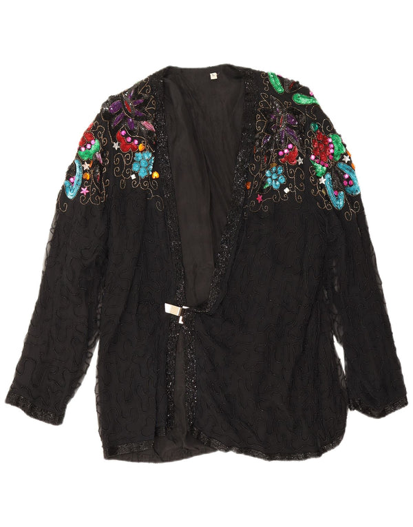 Blazer de noite feminino vintage Reino Unido 16 grande seda floral preta