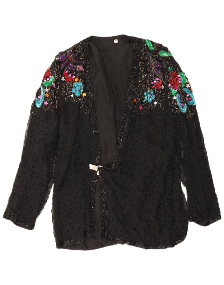 Blazer de noite feminino vintage Reino Unido 16 grande seda floral preta