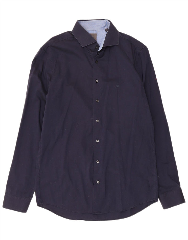 Camisa justa masculina Calvin Klein tamanho 39 15 1/2 algodão azul marinho médio