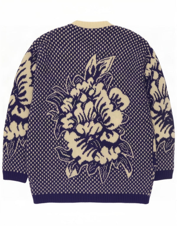 Suéter cardigã feminino vintage Reino Unido 16 grande lã floral azul marinho