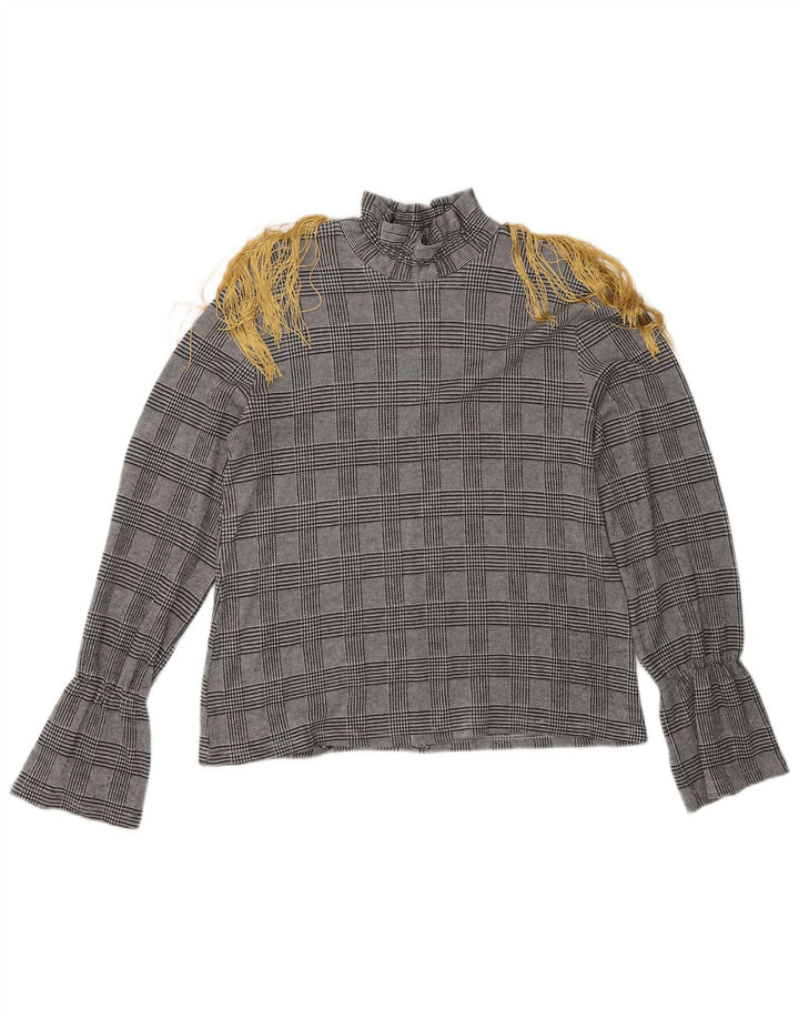 Blusa feminina de manga comprida Zara UK 12 cinza médio xadrez clássico