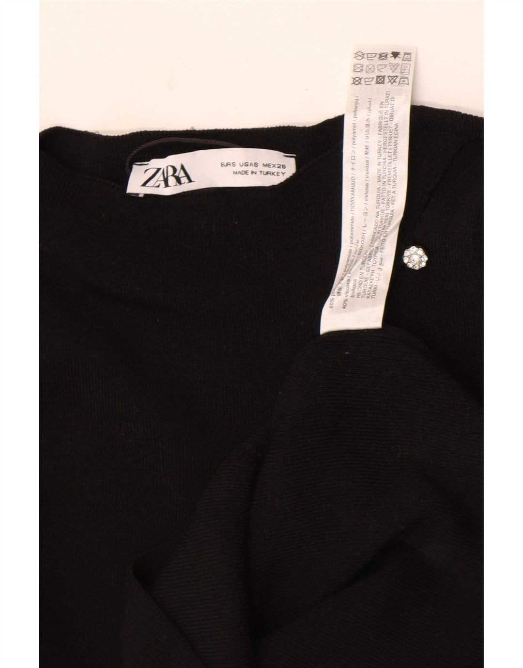 Zara Top curto feminino manga comprida Reino Unido 8 pequeno preto poliamida