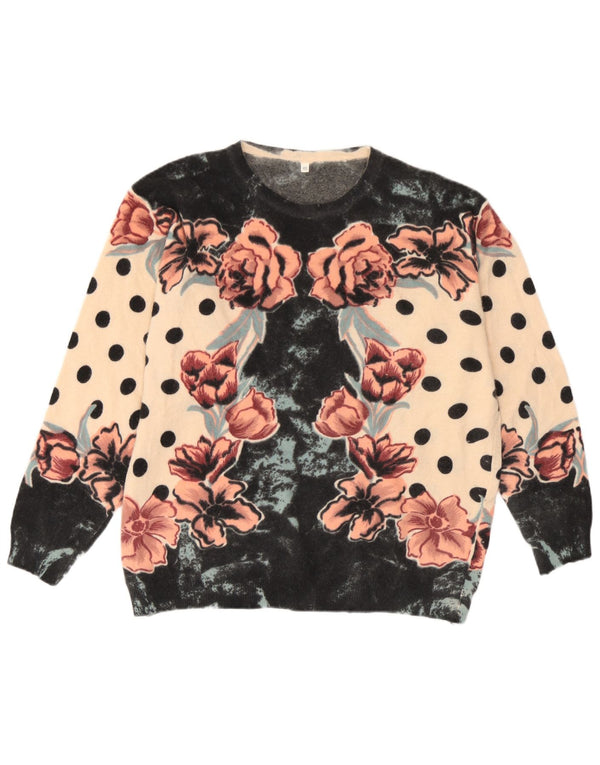 Suéter feminino vintage com gola redonda IT 46 grande lã floral bege
