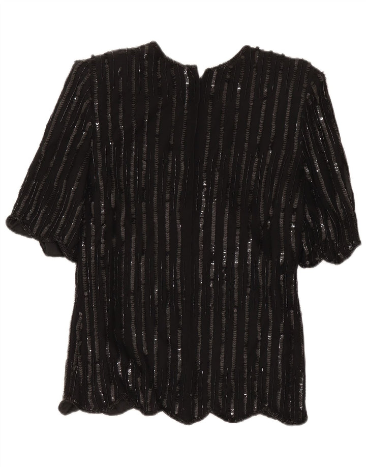 Blusa de noite feminina Frank Usher Top Reino Unido 10 pequena seda preta Paisley