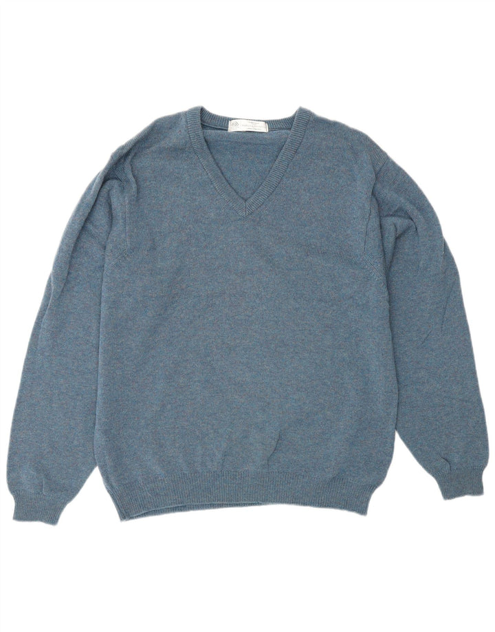 Suéter masculino Marks & Spencer com decote em V, lã de carneiro azul pequena