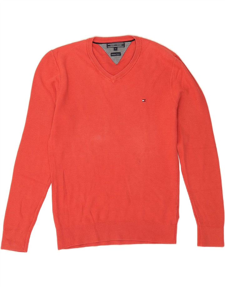 TOMMY HILFIGER Mens V-Neck Jumper Sweater Medium Orange Cotton Vintage Tommy Hilfiger and Second-Hand Tommy Hilfiger from Messina Hembry 
