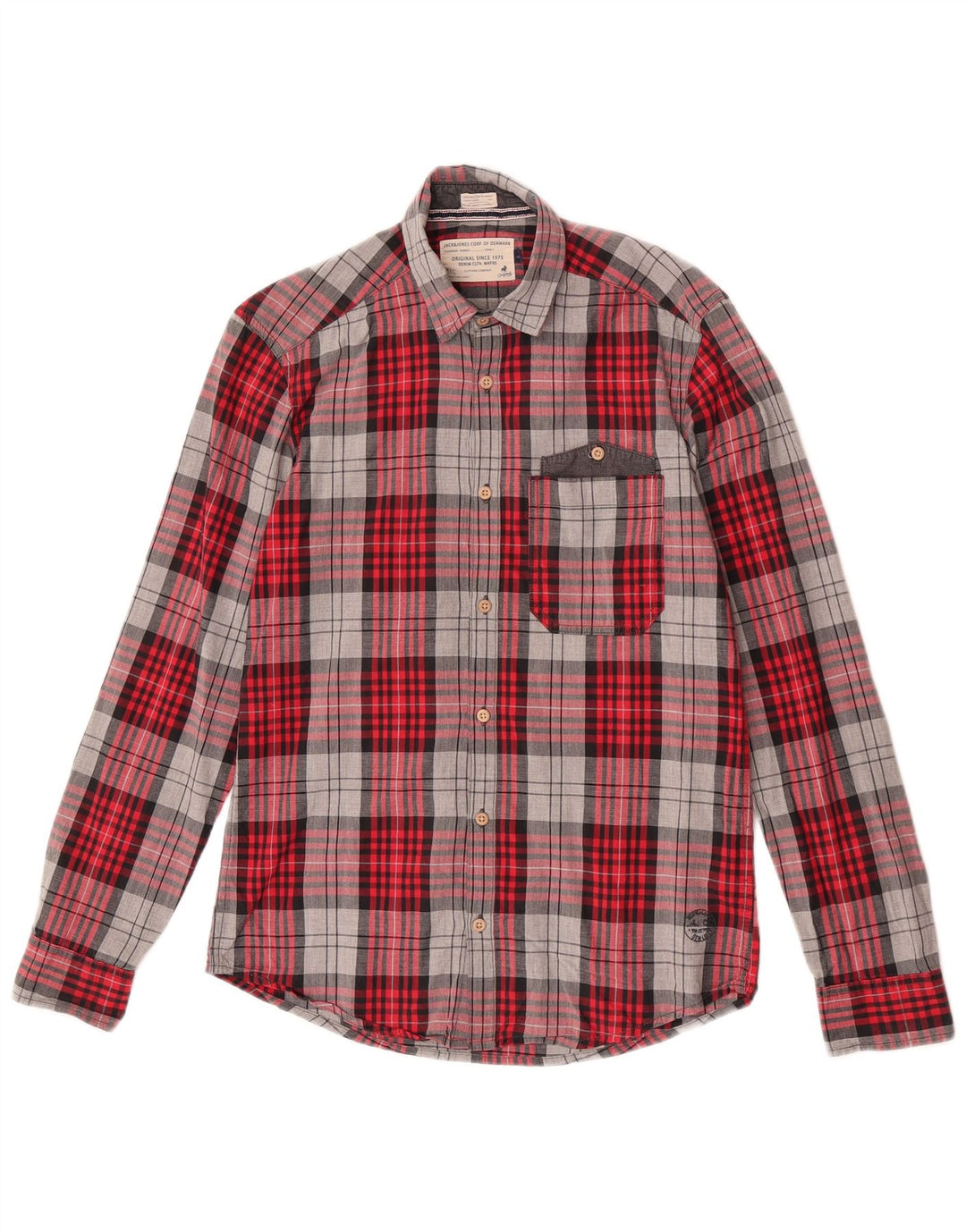 Camisa masculina de flanela Jack & Jones pequena xadrez vermelha de algodão