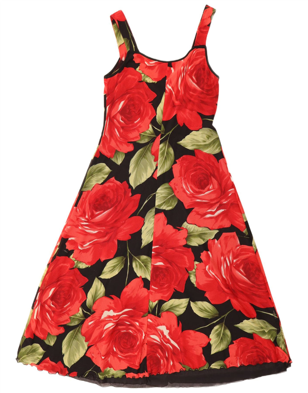 Vestido maxi feminino sem mangas VINTAGE UK 12 médio preto floral poliamida