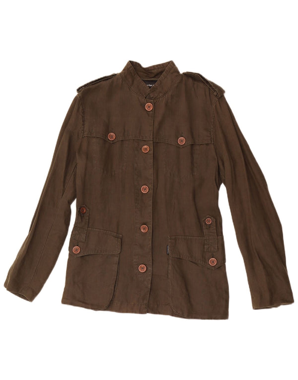 Camiseta feminina Calvin Klein Jeans, camisa militar, linho cáqui médio
