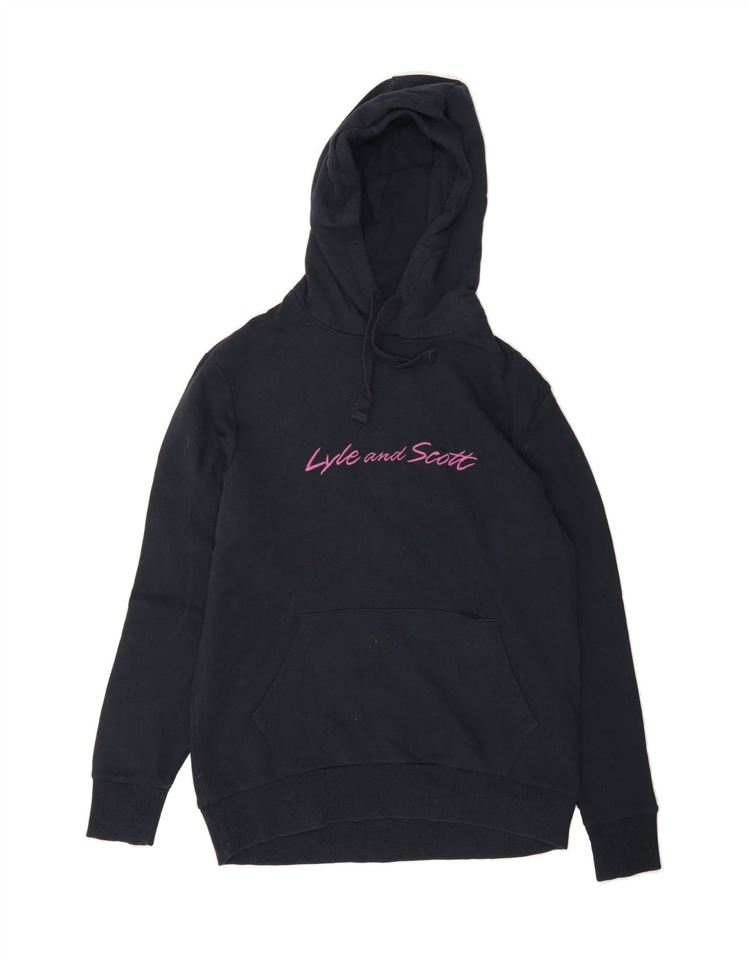 LYLE & SCOTT Mens Graphic Hoodie Jumper Small Navy Blue Cotton Vintage Lyle & Scott and Second-Hand Lyle & Scott from Messina Hembry 