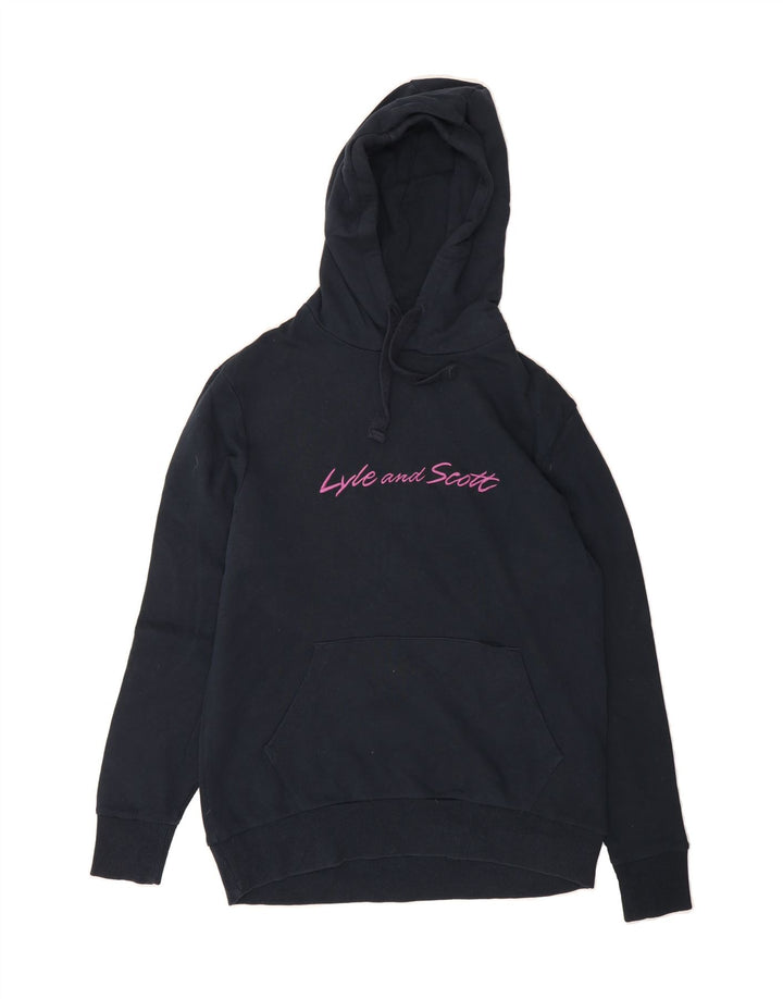 LYLE & SCOTT Mens Graphic Hoodie Jumper Small Navy Blue Cotton Vintage Lyle & Scott and Second-Hand Lyle & Scott from Messina Hembry 