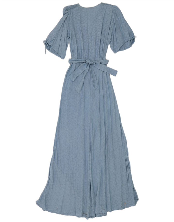 Vestido maxi feminino vintage UK 12 floral azul médio