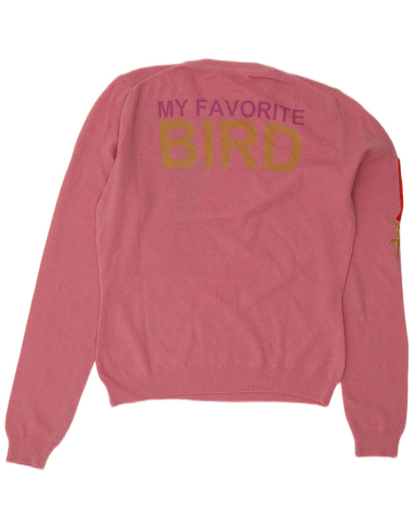 Suéter feminino vintage com gola redonda e gola redonda UK 10 pequeno pássaro rosa