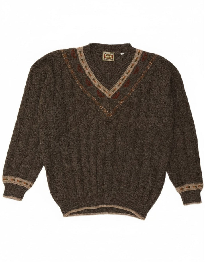 Suéter masculino Noba 1950 com decote em V IT 52 grande lã geométrica cáqui