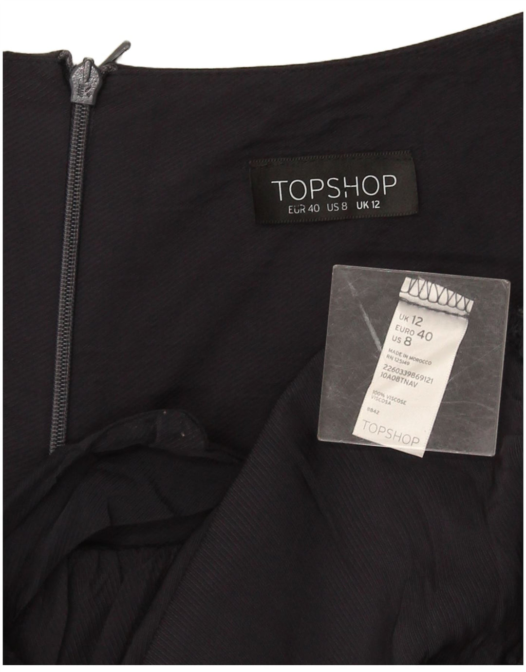 Vestido evasê feminino Topshop Reino Unido 12 Viscose azul marinho médio