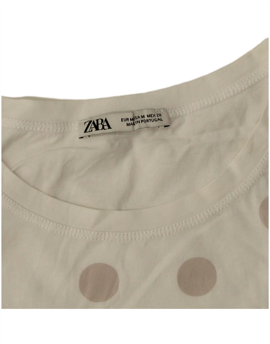 Camiseta feminina Zara UK 14 bolinhas brancas médias