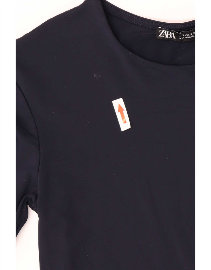 Top feminino Zara manga comprida UK 8 pequeno azul marinho poliamida