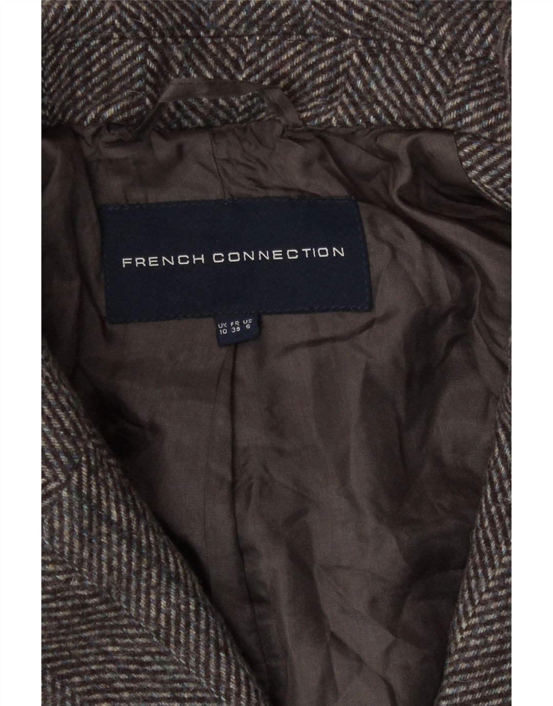 Casaco feminino com peito duplo French Connection UK 10 espinha de peixe marrom pequeno