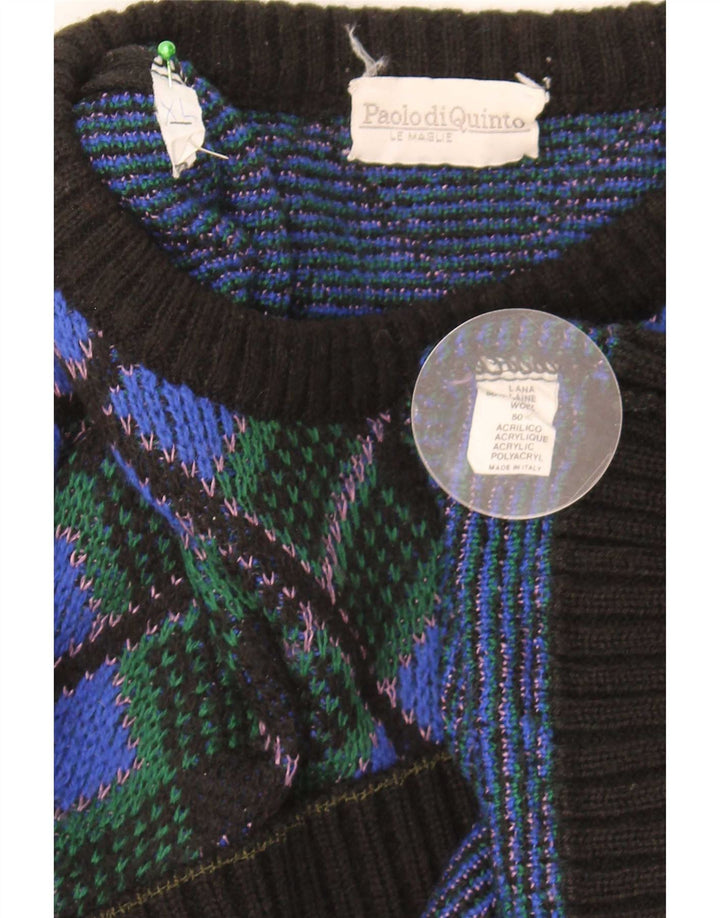 Suéter vintage masculino com gola redonda XL azul Argyle/lã diamante