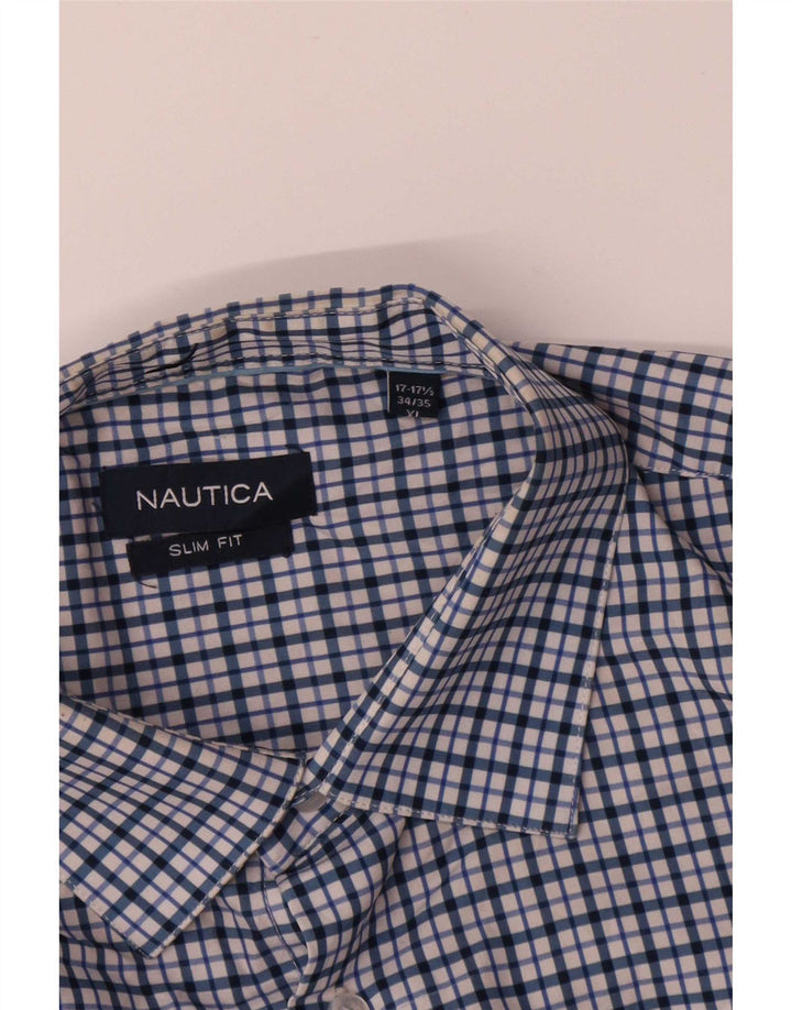 Camisa masculina Nautica Slim Fit tamanho 17 1/2 XL azul xadrez poliéster