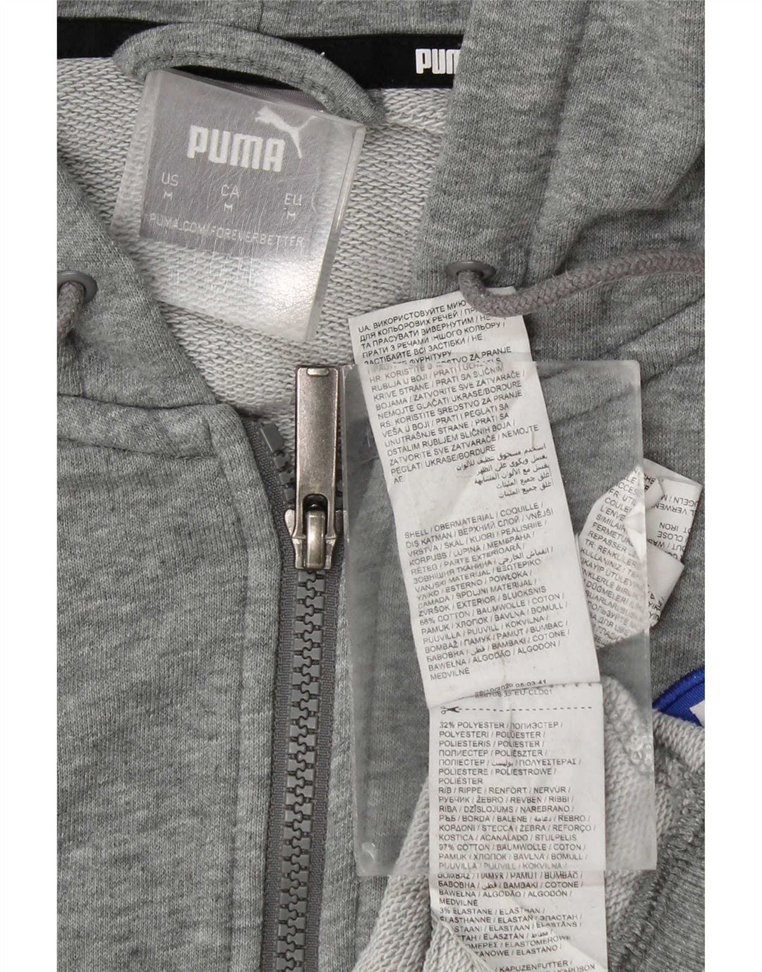 Suéter Puma masculino com capuz e zíper gráfico cinza médio algodão