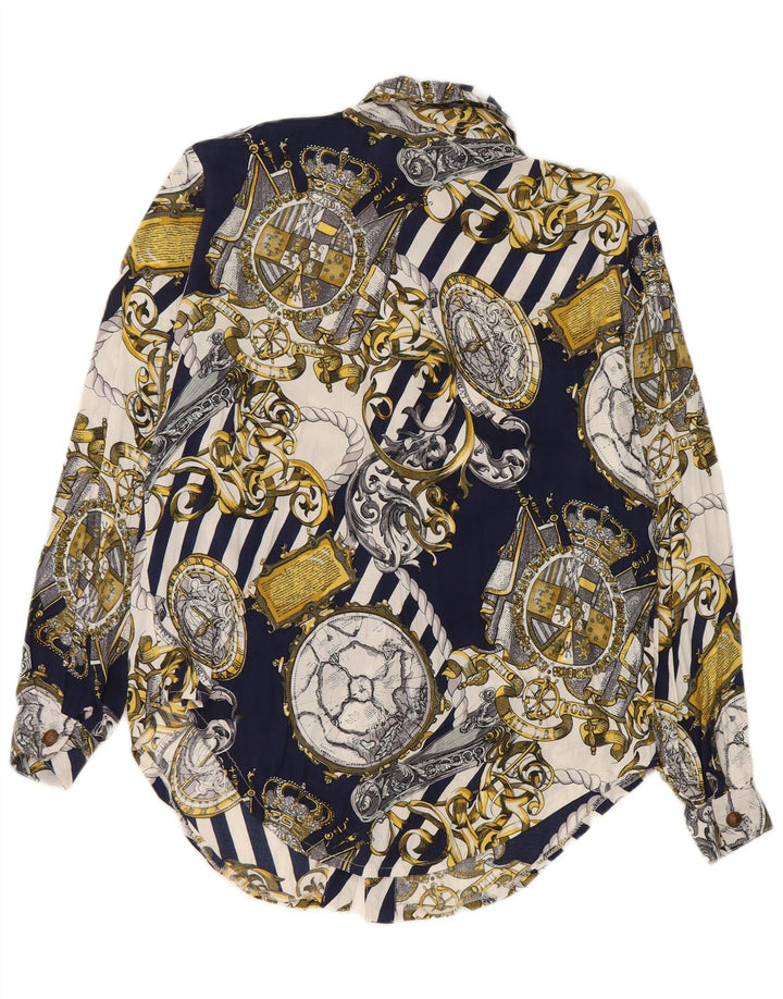 Camisa feminina vintage com padrão abstrato Reino Unido 14 viscose azul marinho médio
