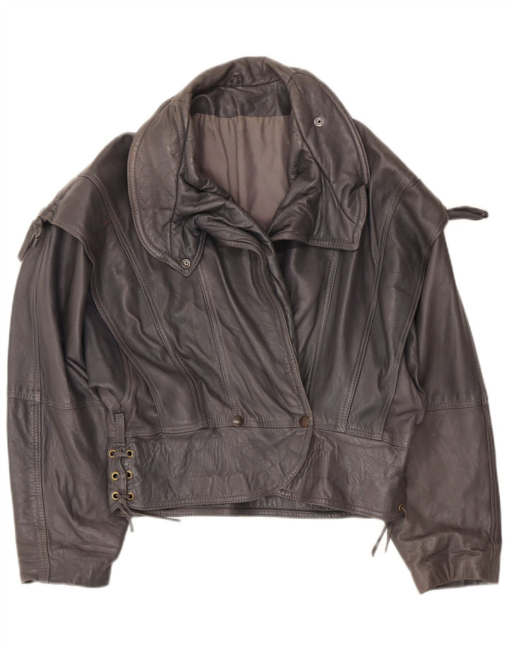 Jaqueta de couro bomber vintage feminina UK 12 cinza médio