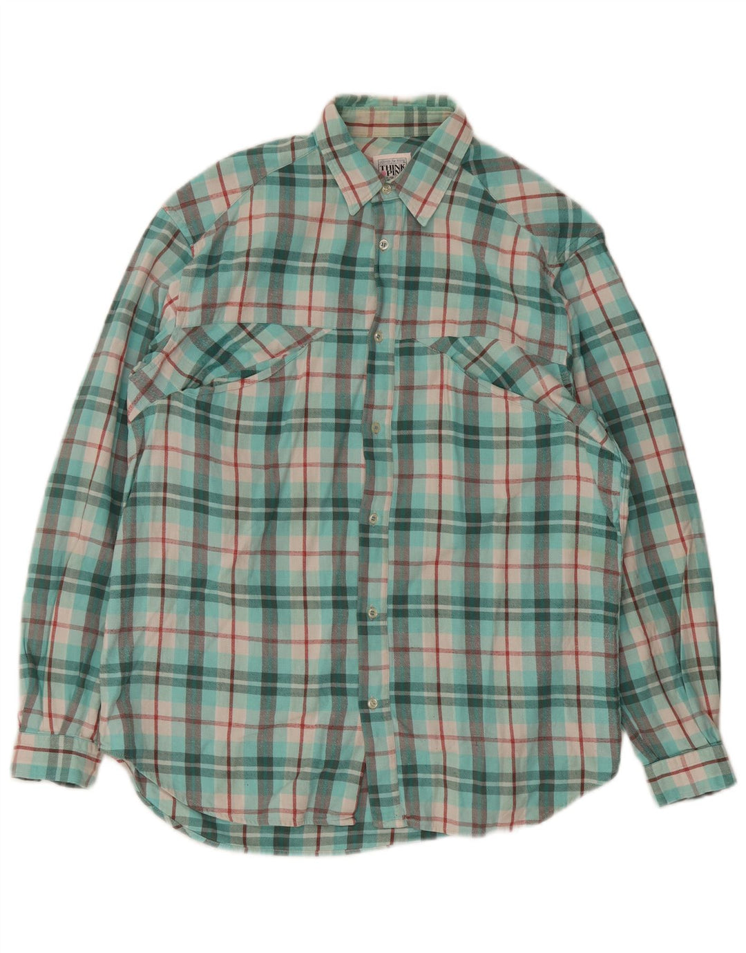 Camisa masculina de flanela Think Pink tamanho 39 15 1/2 xadrez médio turquesa
