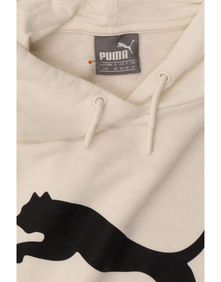 PUMA Womens Oversized Crop Graphic Hoodie Jumper UK 14 Large White Vintage Puma and Second-Hand Puma from Messina Hembry 