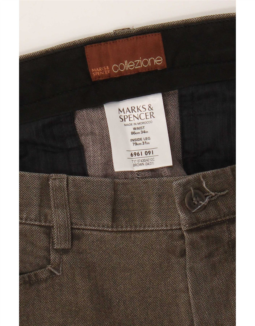 Calça masculina reta casual Marks & Spencer W34 L31 espinha de peixe marrom
