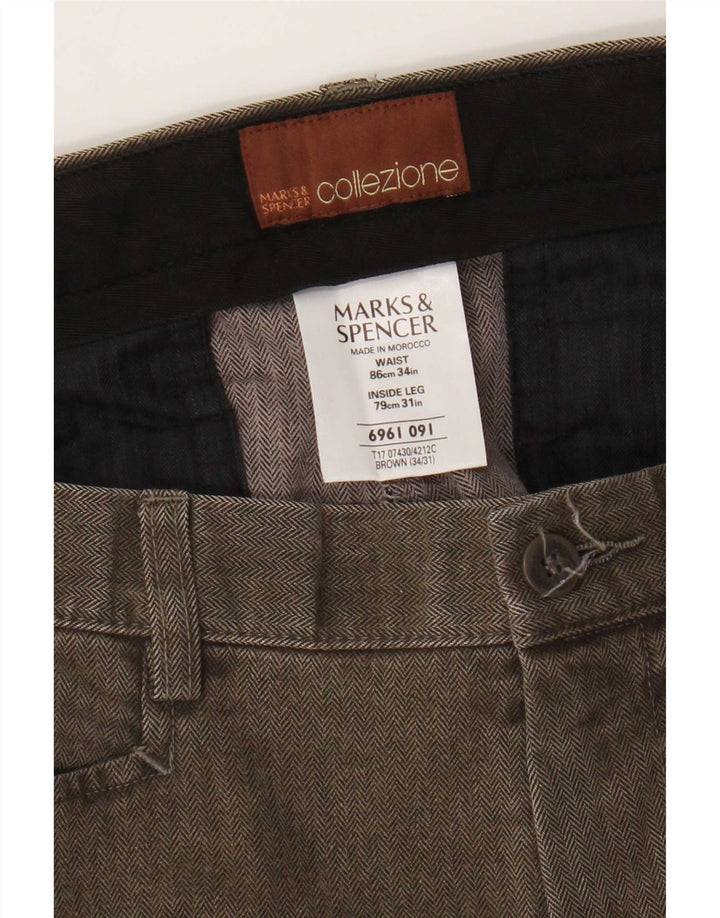 Calça masculina reta casual Marks & Spencer W34 L31 espinha de peixe marrom