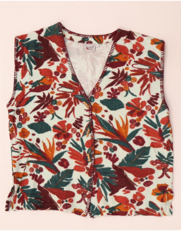 Colete de lã feminino vintage Reino Unido 14 grande floral multicolorido