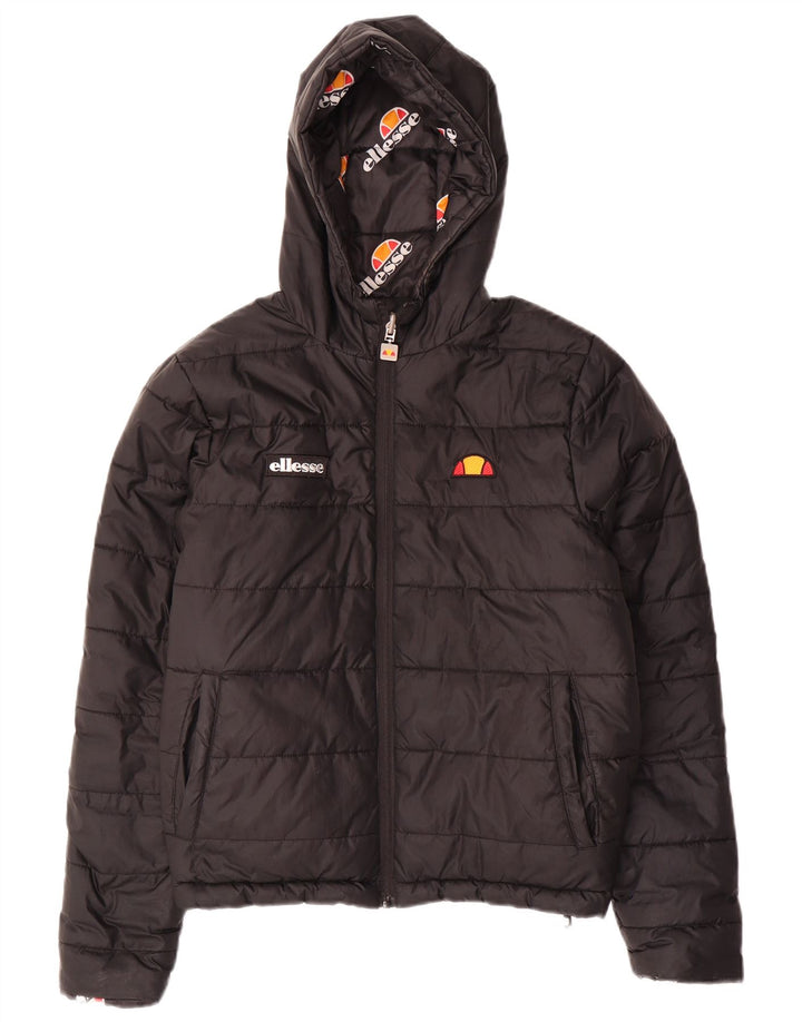 Ellesse Jaqueta feminina acolchoada reversível com capuz grande tamanho UK 8 pequena preta