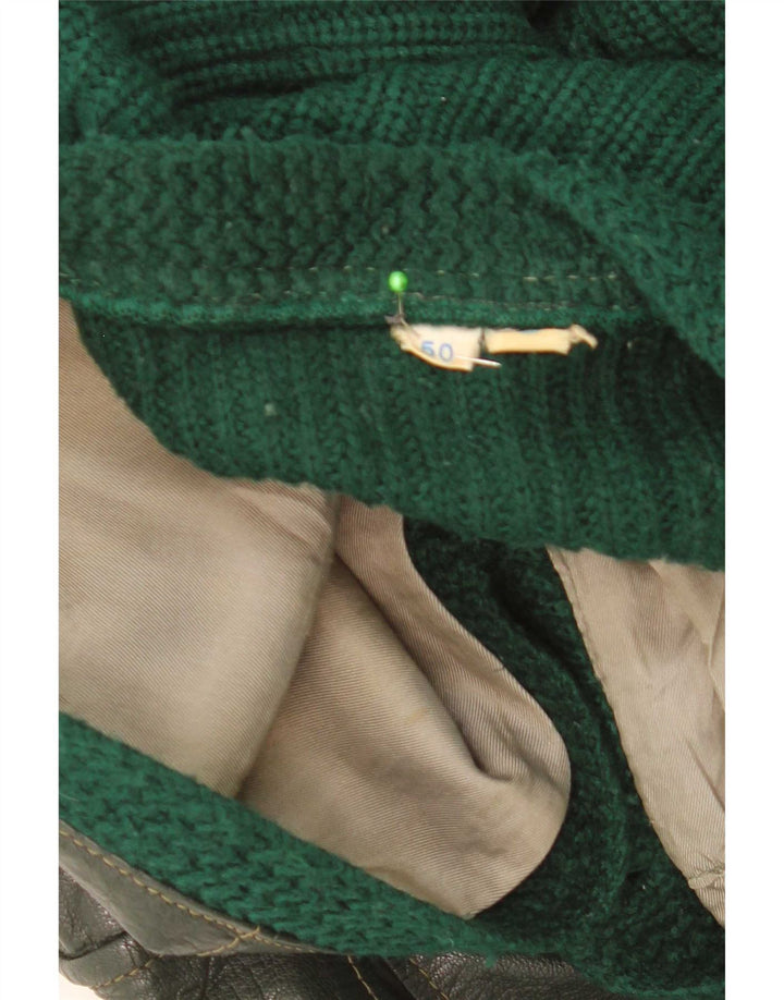 Suéter cardigã de couro masculino vintage UE 50 verde médio