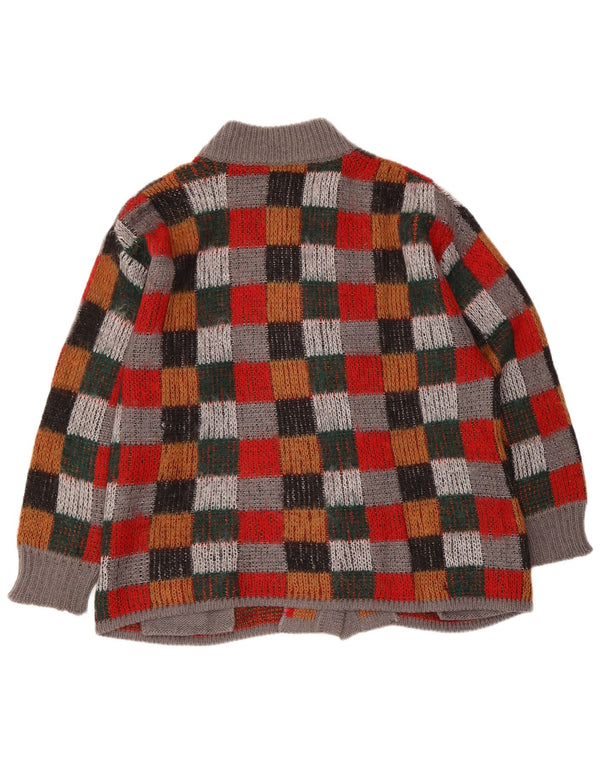 Suéter de cardigã de grandes dimensões feminino vintage Reino Unido 16 grande xadrez multicolorido