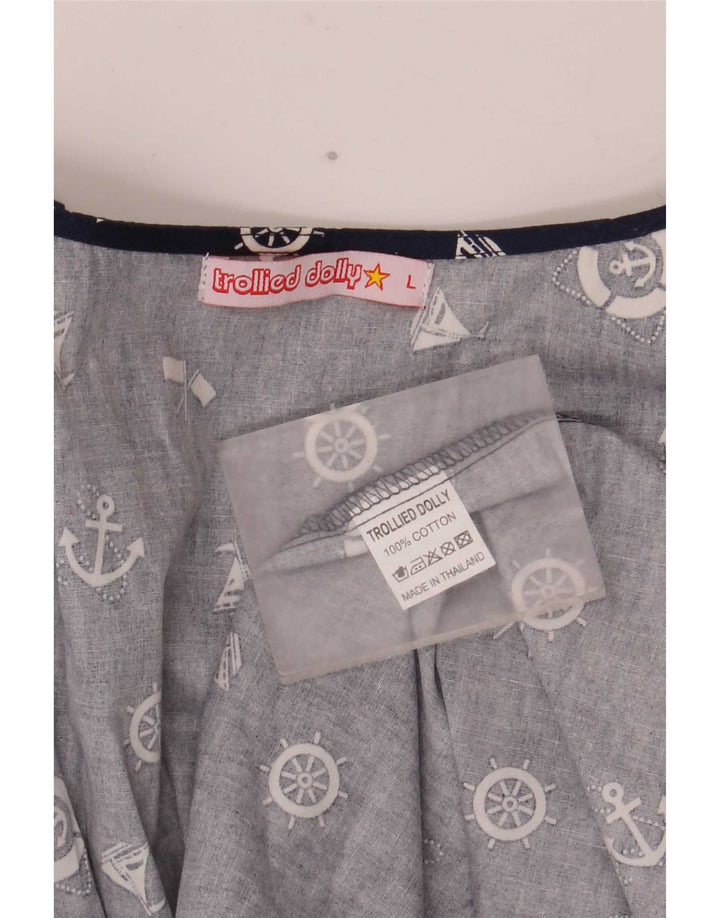 Vestido feminino Trollied Dolly com padrão abstrato evasê Reino Unido 14 grande azul marinho