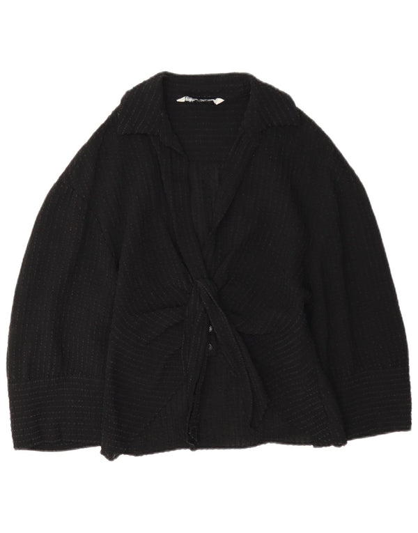 Blusa feminina Zara manga 3/4 com gravata frontal Reino Unido 12 viscose preta média