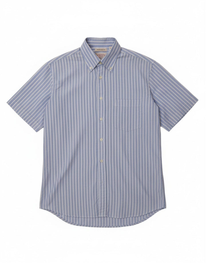 Camisa masculina de manga curta Carrel tamanho 40 15 1/2 algodão listrado azul médio