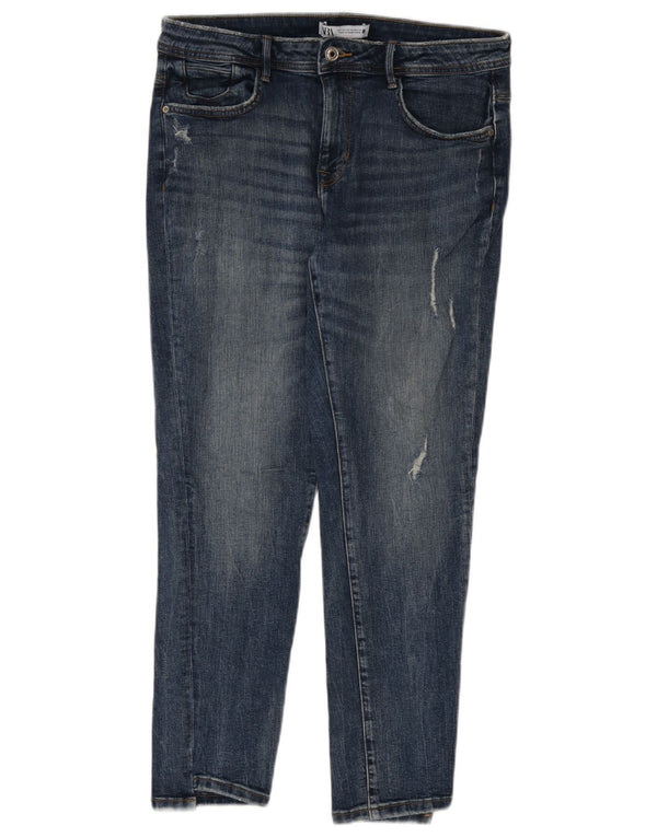 Zara Jeans feminino slim desgastado UE 42 grande W32 L27 azul