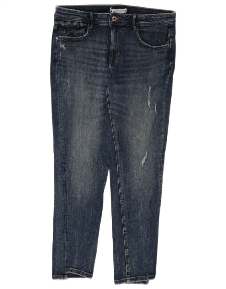 Zara Jeans feminino slim desgastado UE 42 grande W32 L27 azul