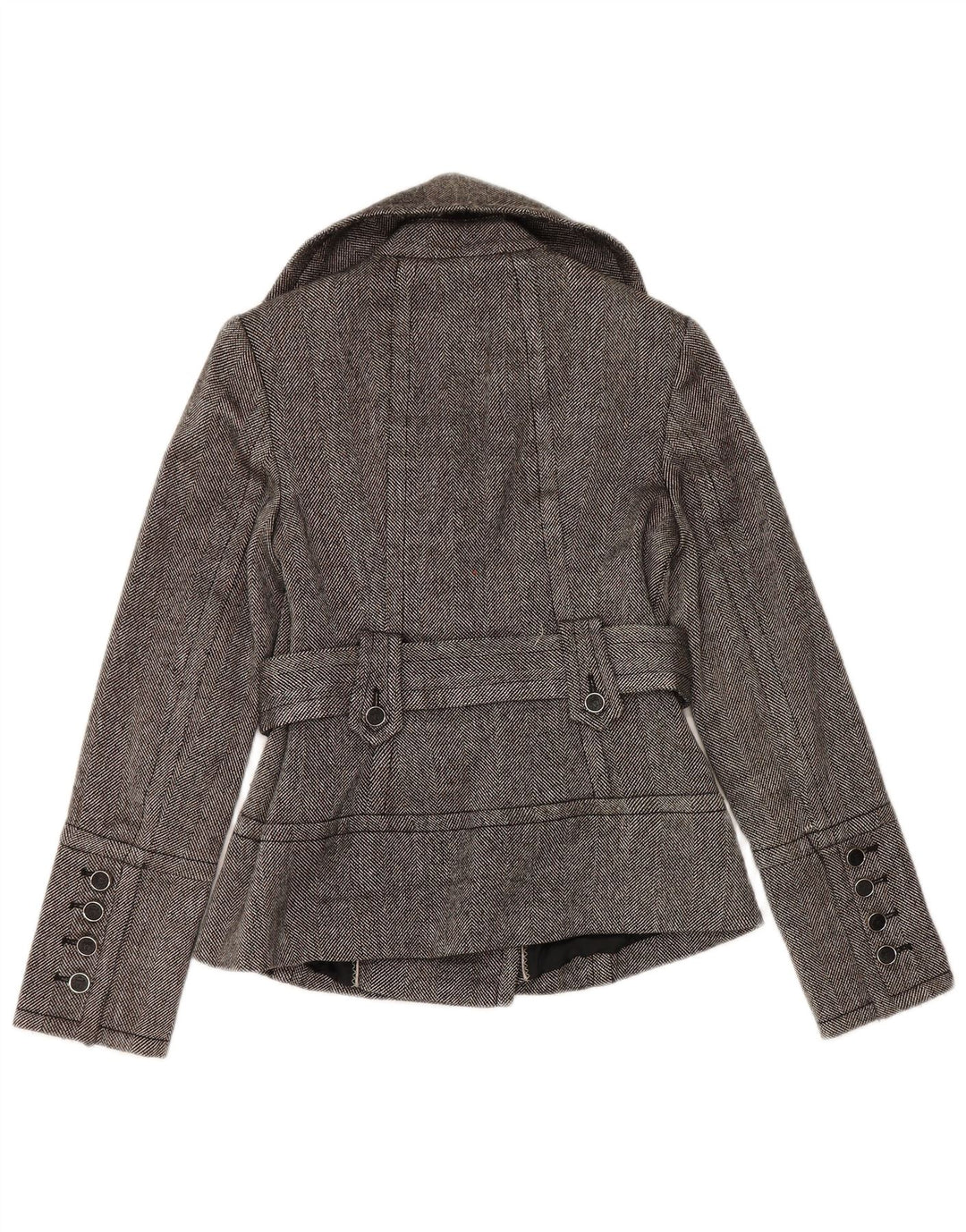 Casaco feminino Zara Pea Coat UK 12 poliéster espinha de peixe cinza médio