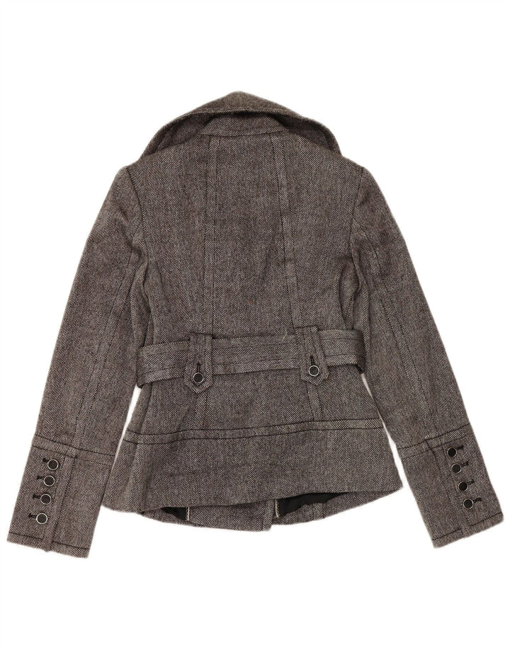 Casaco feminino Zara Pea Coat UK 12 poliéster espinha de peixe cinza médio