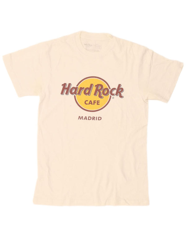 Camiseta masculina Hard Rock Cafe Madrid com estampa gráfica pequena de algodão branco