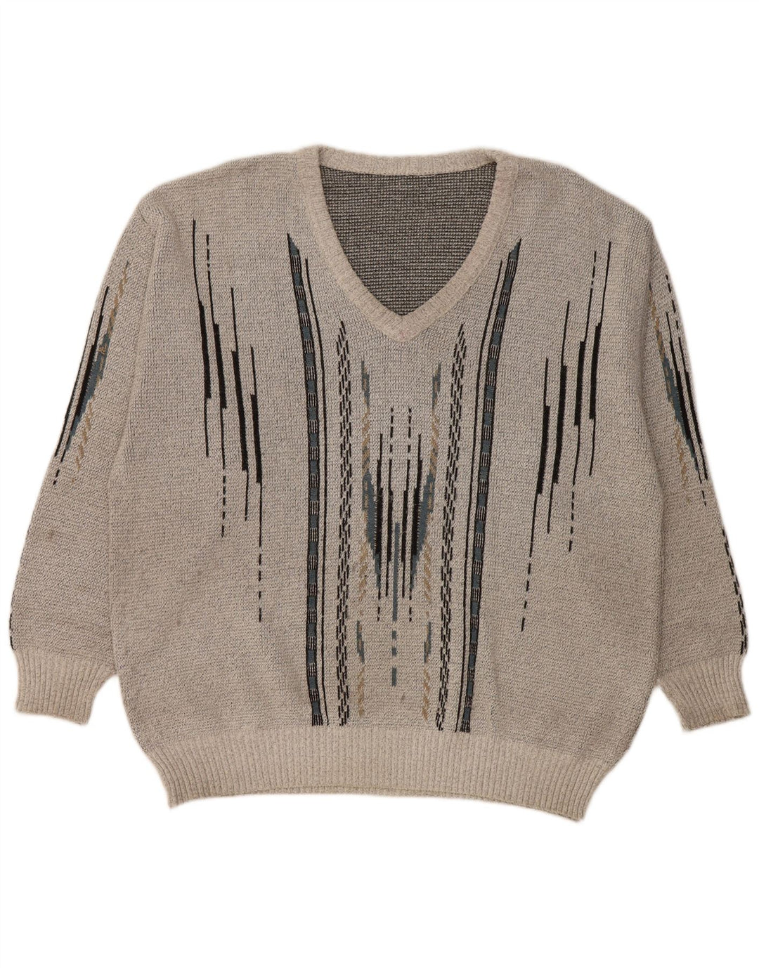 Suéter masculino VINTAGE com decote em V grande cinza geométrico